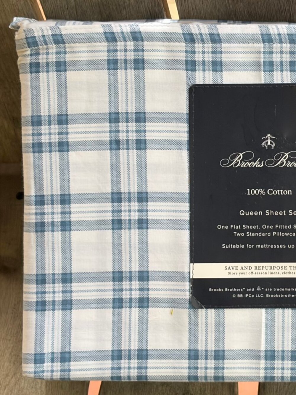 NEW Brooks Brothers Queen Size Cotton Sheet Set Blue / White Window Pane Plaid